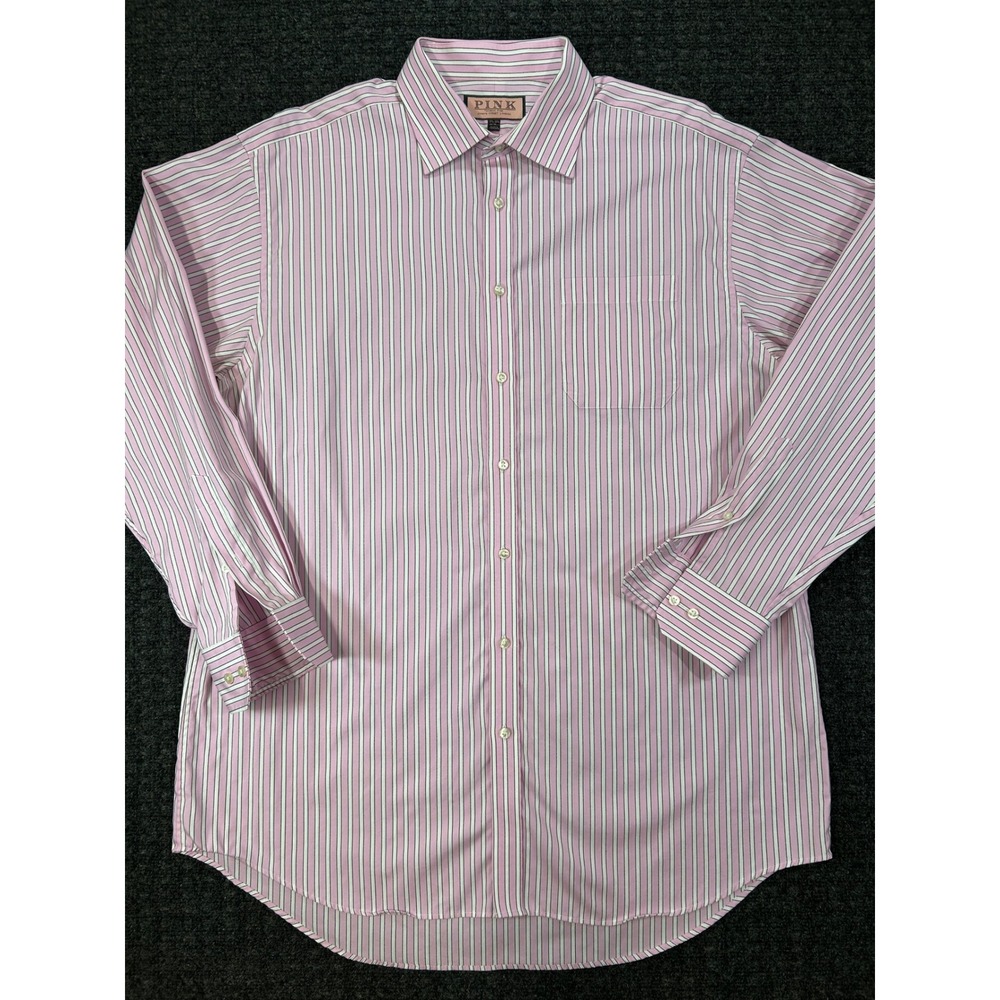 Thomas Pink Mens Traveller Dress Shirt Pink White Striped 17.5 35.5 Button Down